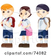 Royalty Free RF Clipart Illustration Of Three Happy School Children With Backpacks Standing In Line