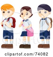 Poster, Art Print Of Three Happy School Children With Backpacks Standing In Line