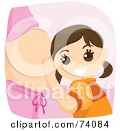 Royalty Free RF Clipart Illustration Of A Happy Little Girl Listening To Her Pregnant Moms Belly