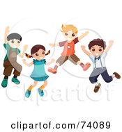 Royalty Free RF Clipart Illustration Of A Group Of Four Energetic Kids Jumping