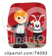 Poster, Art Print Of Blond Magician Boy Presenting A Rabbit In A Hat On A Stage