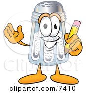 Salt Shaker Mascot Cartoon Character Holding A Pencil