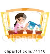 Poster, Art Print Of Happy Girl Watering Potted Flowers In A Window Planter
