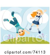 Energetic Boy And Girl Jumping And Doing Cartwheels On A Hill