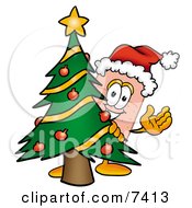 Poster, Art Print Of Bandaid Bandage Mascot Cartoon Character Waving And Standing By A Decorated Christmas Tree