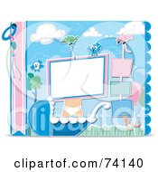 Poster, Art Print Of Baby Scrap Book Design With A Baby Behind A Blank Space In A Carriage Surrounded By Birds