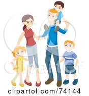 Poster, Art Print Of Happy Family Of Two Young Parents And Three Kids