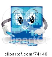 Poster, Art Print Of Blue Puzzle Character Assembling Pieces