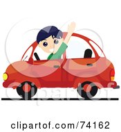 Poster, Art Print Of Friendly Boy Waving And Driving A Red Car