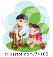 Little Boy And Girl Planting A Seedling