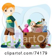Little Boy Pulling A Cart Full Of Toys