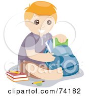 Poster, Art Print Of Little School Boy Sitting With His School Books And Backpack