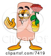 Bandaid Bandage Mascot Cartoon Character Holding A Red Rose On Valentines Day