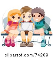 Royalty Free RF Clipart Illustration Of A Little Girl And Two Boys Using A Laptop On A Bench
