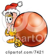Bandaid Bandage Mascot Cartoon Character Wearing A Santa Hat Standing With A Christmas Bauble by Mascot Junction