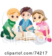 Poster, Art Print Of Little Girl And Two Boys Reading A Book Together