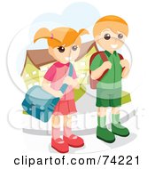 Poster, Art Print Of School Boy And Girl Waiting At A Bus Stop
