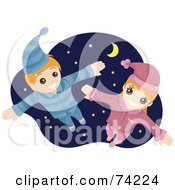 Poster, Art Print Of Happy Boy And Girl Flying In Their Pajamas Against A Starry Sky