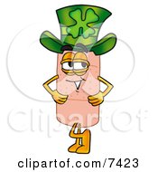 Clipart Picture Of A Bandaid Bandage Mascot Cartoon Character Wearing A Saint Patricks Day Hat With A Clover On It