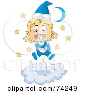 Happy Blond Baby In Blue Pajamas On A Cloud
