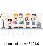 Poster, Art Print Of School Kids Standing And Sitting At A Bus Stop