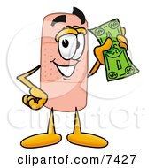Bandaid Bandage Mascot Cartoon Character Holding A Dollar Bill by Mascot Junction