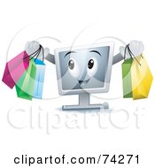 Royalty Free RF Clipart Illustration Of A Computer Character Carrying Shopping Bags by BNP Design Studio