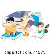 Poster, Art Print Of Group Of School Kids Reading Books By Large Books