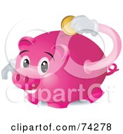 Poster, Art Print Of Pink Piggy Bank Character Inserting A Coin