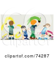 Royalty Free RF Clipart Illustration Of Four Children Painting A Wall With Bright Paint