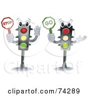 Two Traffic Light Characters Holding Stop And Go Signs