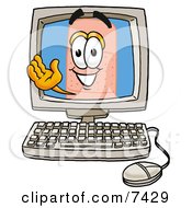 Clipart Picture Of A Bandaid Bandage Mascot Cartoon Character Waving From Inside A Computer Screen