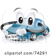 Blue Car Character With A For Rent Sticker