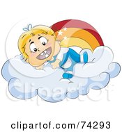 Poster, Art Print Of Happy Baby On A Cloud Under A Rainbow