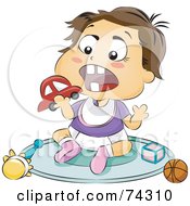 Royalty Free RF Clipart Illustration Of A Brunette Baby Trying To Eat A Toy Car