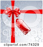 Silver Starry Background With Red Ribbons And A Bow With A Blank Tag