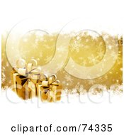 Royalty Free RF Clipart Illustration Of A Golden Snowflake Background With Christmas Presents And White Grunge
