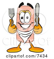 Clipart Picture Of A Bandaid Bandage Mascot Cartoon Character Holding A Knife And Fork