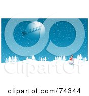 Poster, Art Print Of Happy Snowman Watching Santas Sleigh Flying In Front Of The Full Moon