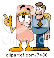 Clipart Picture Of A Bandaid Bandage Mascot Cartoon Character Talking To A Business Man