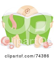 Royalty Free RF Clipart Illustration Of A Baby With A Single Curl Reading A Big Green Book
