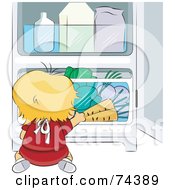 Blond Baby Chef Reaching For Veggies In A Fridge