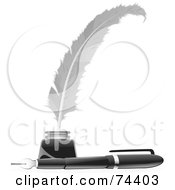 Royalty Free RF Clipart Illustration Of A Black 3d Pen By A Feather In An Ink Well by BNP Design Studio