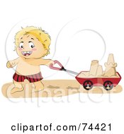 Blond Baby Boy Pulling A Sand Castle In A Cart