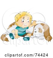 Poster, Art Print Of Blond Baby Boy Sitting By And Petting His Dog