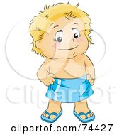 Blond Little Boy Wearing Sandals And A Towel