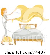 Royalty Free RF Clipart Illustration Of A Pretty Housewife Laying Sheets On A Bed