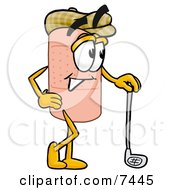 Bandaid Bandage Mascot Cartoon Character Leaning On A Golf Club While Golfing by Mascot Junction