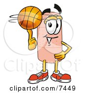 Bandaid Bandage Mascot Cartoon Character Spinning A Basketball On His Finger