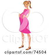 Poster, Art Print Of Happy Dirty Blond Woman In A Pink Dress Rubbing Her Pregnant Belly